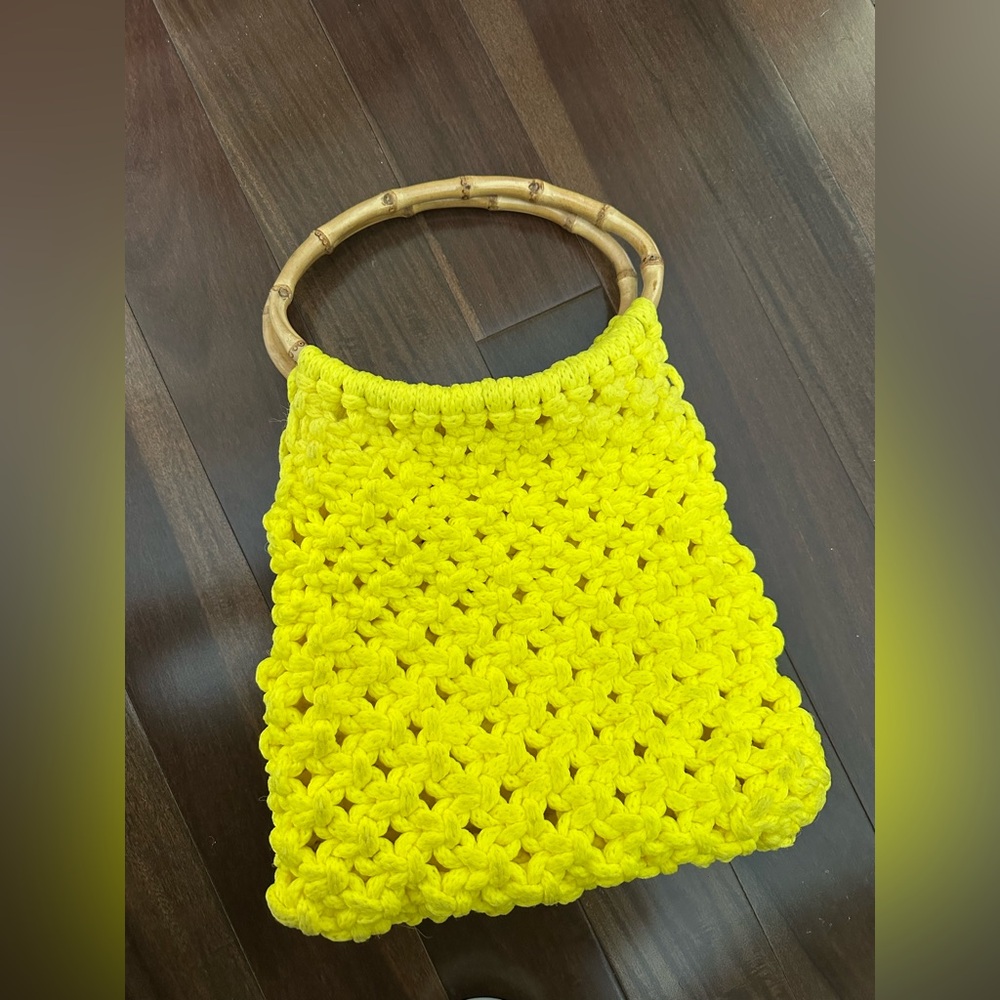 Yellow Crochet Tote Bag with Bamboo Handles